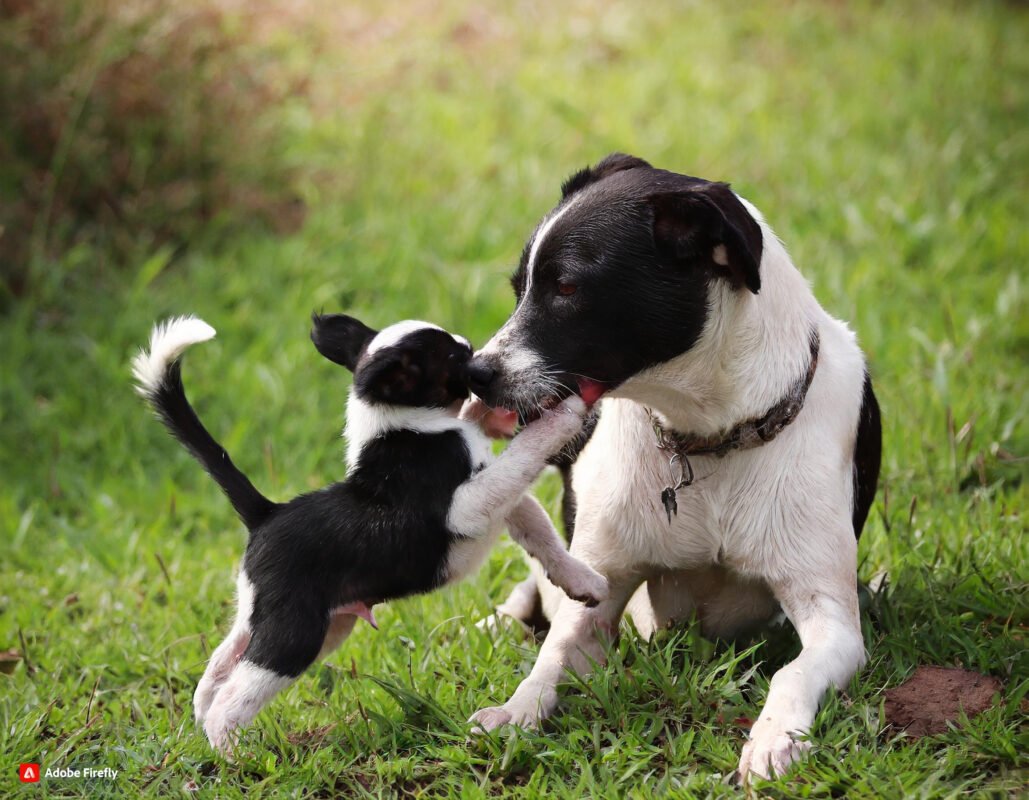 Google the black and white Indian pariah dog playing with her puppy in the mountains near Katie's Abode, Hartola