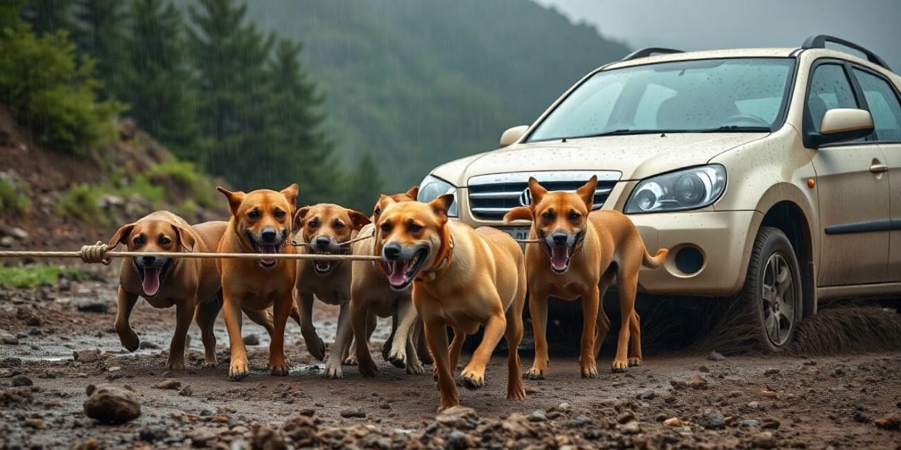 The dogs gather at the behest of Katie to pull the car out of the mud