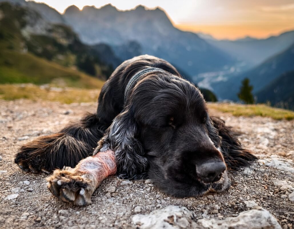 Katie the black English cocker spaniel of Hartola hurt by the bullet of a cow thief