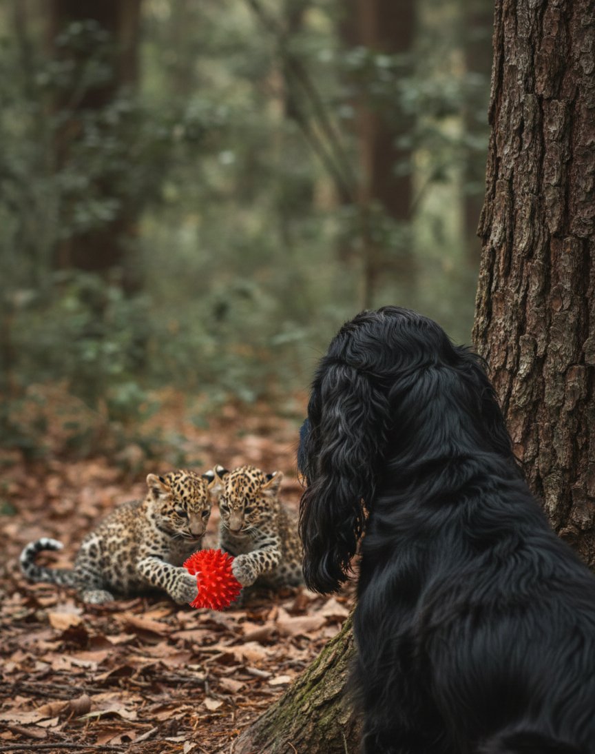 Katie secretly watching the leopard cubs fight over Chloe's red ball