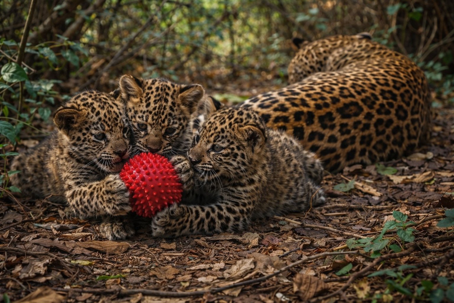 The leopard cubs playing with Chloe's ball