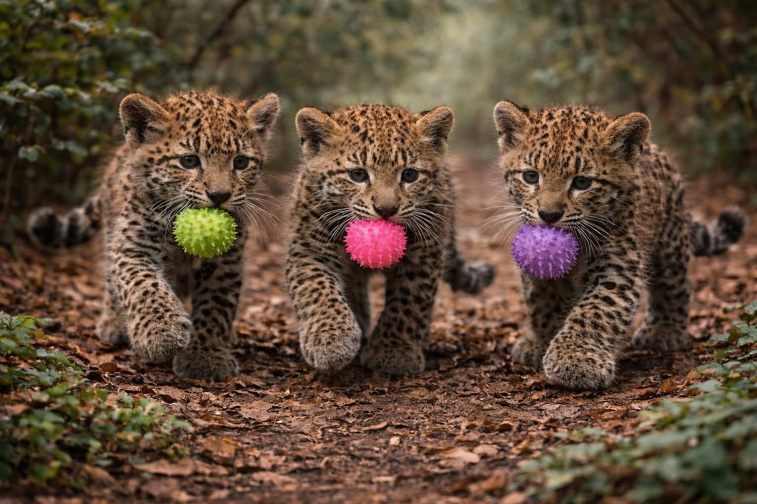 The leopard cubs with their new balls